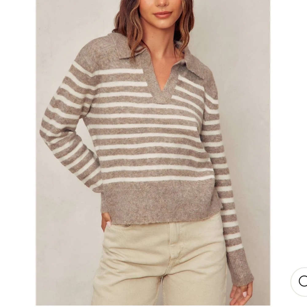 By Together Beige and White Striped V-Neck Sweater